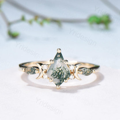 Yellow gold kite cut nature moss agate ring set Unique crescent moon star agate engagement ring Handmade anniversary gift Wedding bridal set - PENFINE