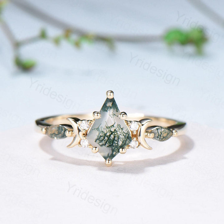 Yellow gold kite cut nature moss agate ring set Unique crescent moon star agate engagement ring Handmade anniversary gift Wedding bridal set - PENFINE