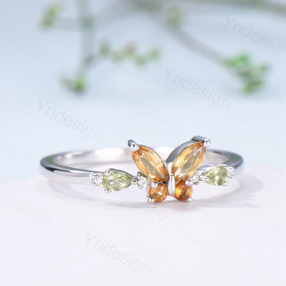 Unique Butterfly Citrine Peridot Engagement Ring Vintage Marquise Citrine Ring Pear Peridot Wedding Ring Anniversary Promise Birthstone Gift - PENFINE