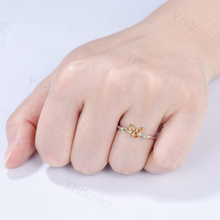 Unique Butterfly Citrine Peridot Engagement Ring Vintage Marquise Citrine Ring Pear Peridot Wedding Ring Anniversary Promise Birthstone Gift - PENFINE