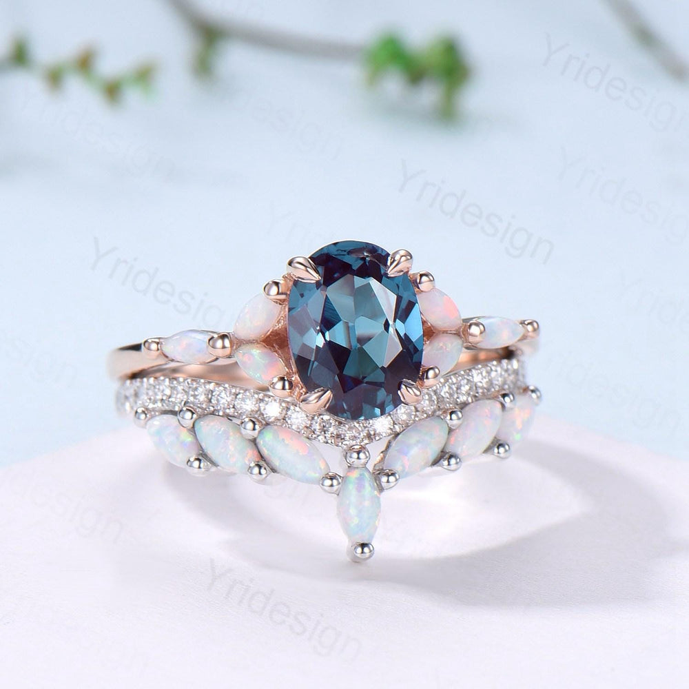 Vintage oval alexandrite engagement ring seven stone marquise cut opal color change stone wedding set art deco anniversary gift bridal set - PENFINE