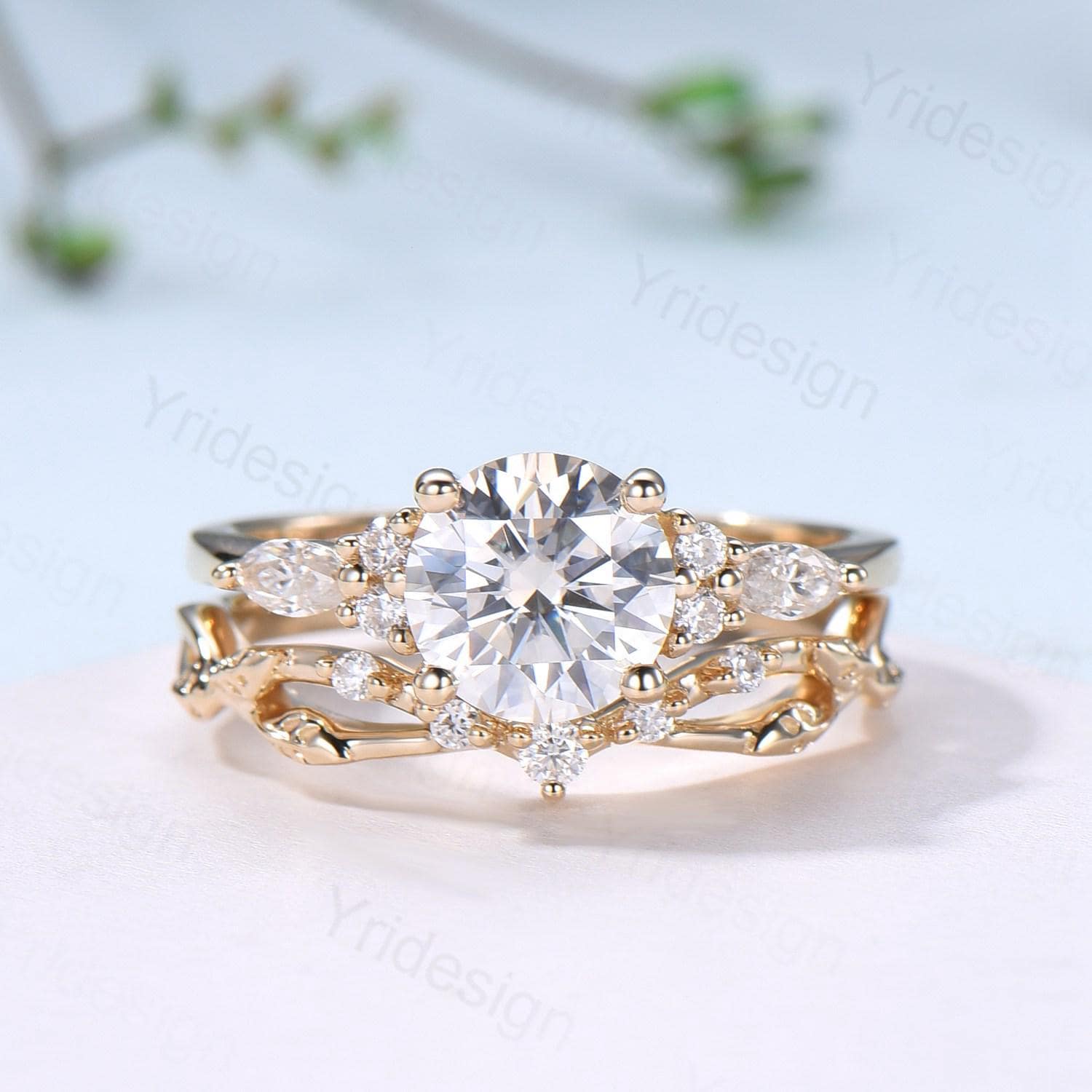 Vintage Round Cut Moissanite Engagement Ring Set 14K Yellow Gold Lab Grown Diamond Bridal Ring Set 2pcs Anniversary Promise Ring Set Women - PENFINE