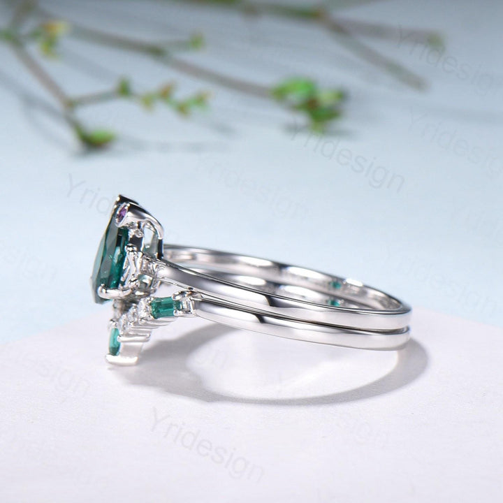 Unique emerald engagement ring set, Frog animal inspired May birthstone wedding set, women pear shaped bridal set anniversary gift for girl - PENFINE