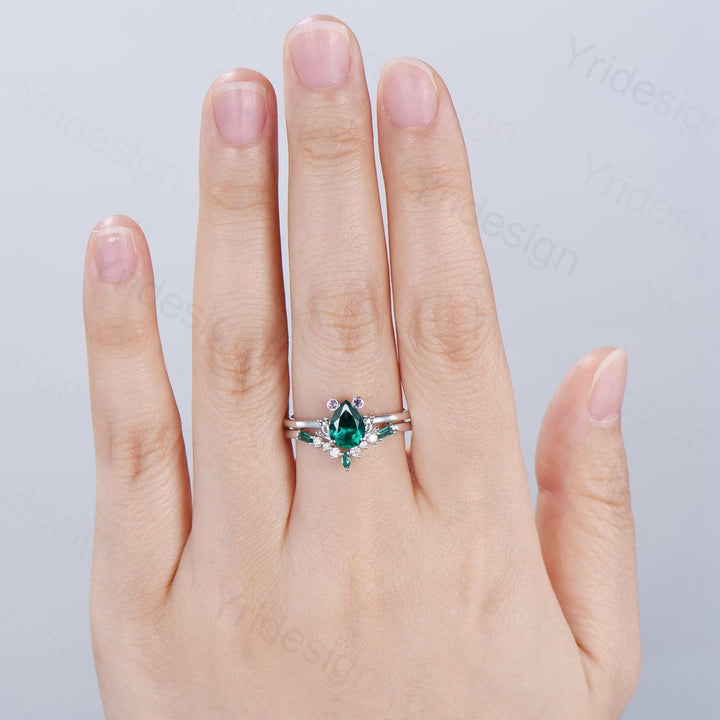 Unique emerald engagement ring set, Frog animal inspired May birthstone wedding set, women pear shaped bridal set anniversary gift for girl - PENFINE