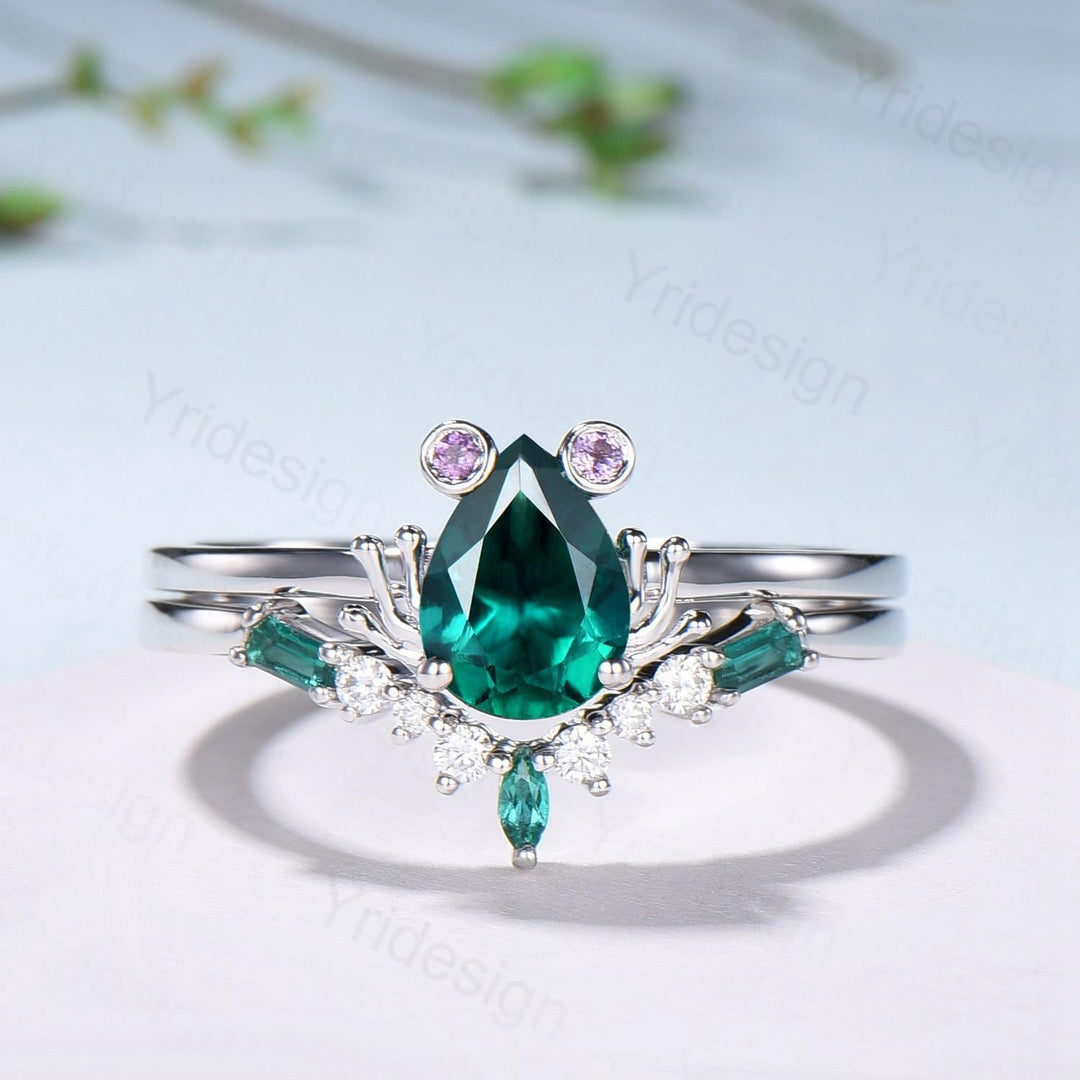 Unique emerald engagement ring set, Frog animal inspired May birthstone wedding set, women pear shaped bridal set anniversary gift for girl - PENFINE
