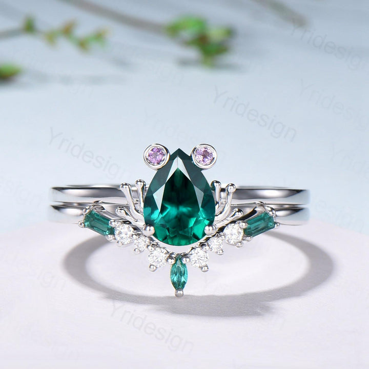 Unique emerald engagement ring set, Frog animal inspired May birthstone wedding set, women pear shaped bridal set anniversary gift for girl - PENFINE