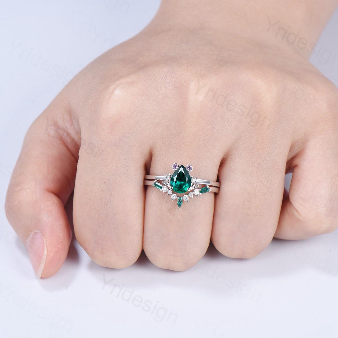 Unique emerald engagement ring set, Frog animal inspired May birthstone wedding set, women pear shaped bridal set anniversary gift for girl - PENFINE