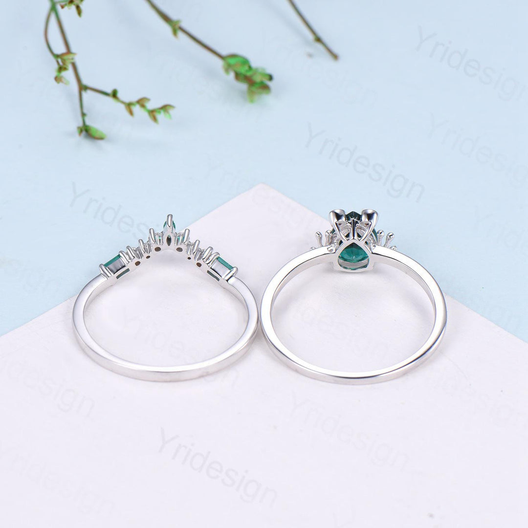 Unique emerald engagement ring set, Frog animal inspired May birthstone wedding set, women pear shaped bridal set anniversary gift for girl - PENFINE
