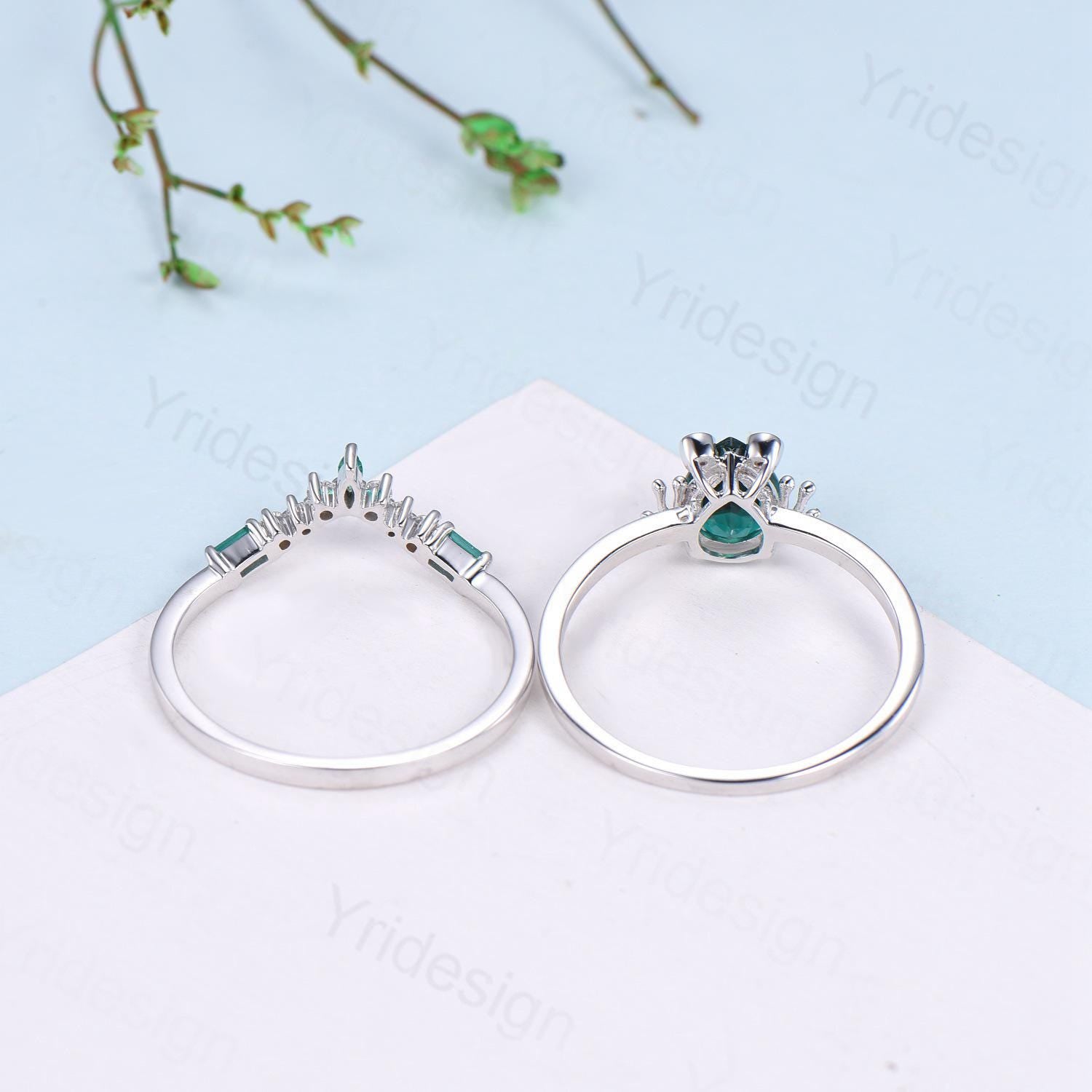 Unique emerald engagement ring set, Frog animal inspired May birthstone wedding set, women pear shaped bridal set anniversary gift for girl - PENFINE