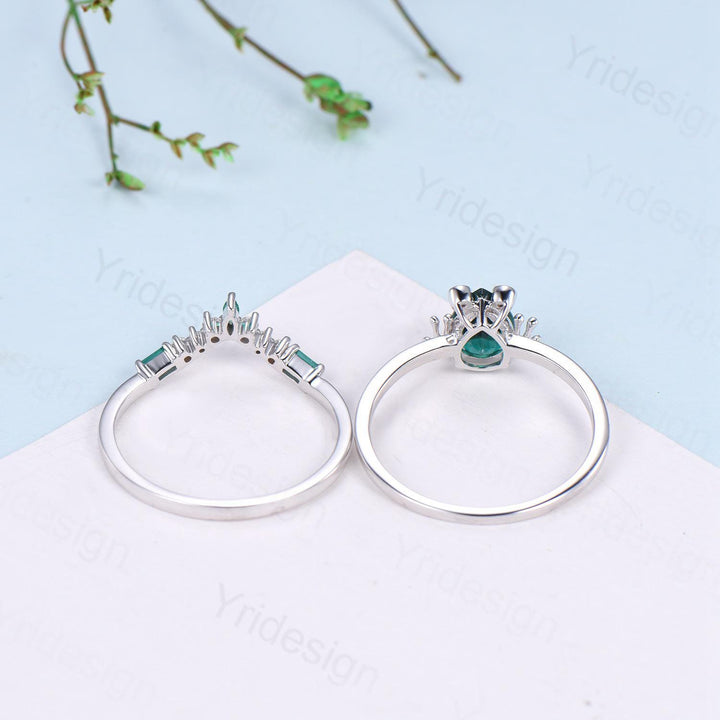 Unique emerald engagement ring set, Frog animal inspired May birthstone wedding set, women pear shaped bridal set anniversary gift for girl - PENFINE