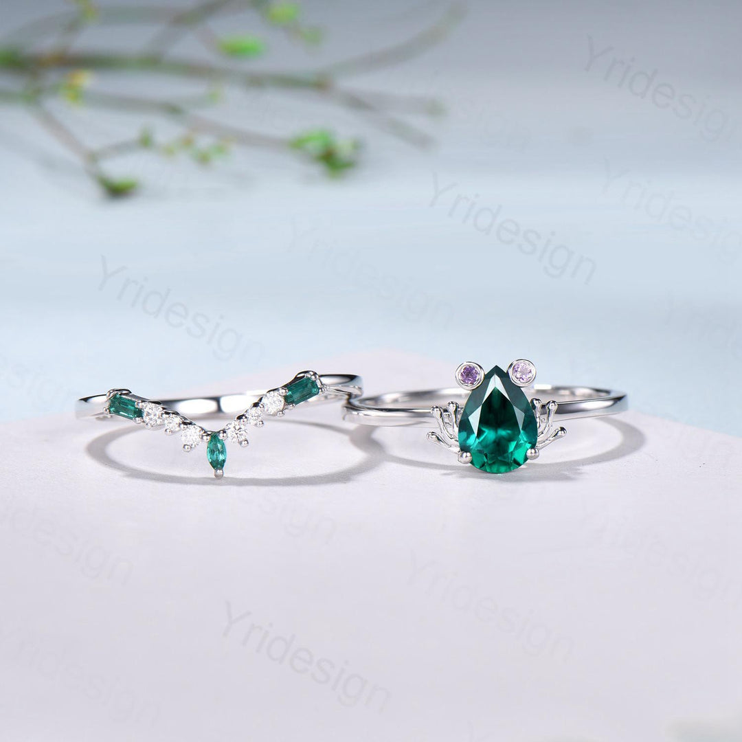 Unique emerald engagement ring set, Frog animal inspired May birthstone wedding set, women pear shaped bridal set anniversary gift for girl - PENFINE