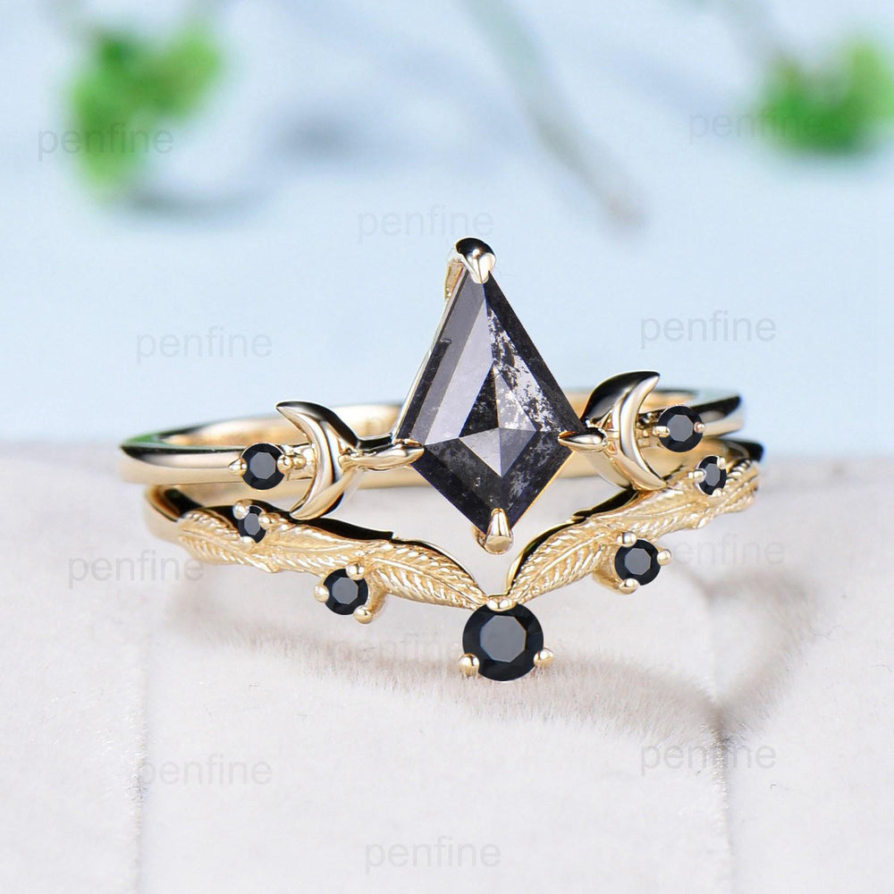 Three Stone kite Cut Salt and Pepper Diamond Engagement Ring Set Yellow Gold Black Spinel Moon Promise ring 2pcs Bridal Wedding Gift For Her - PENFINE