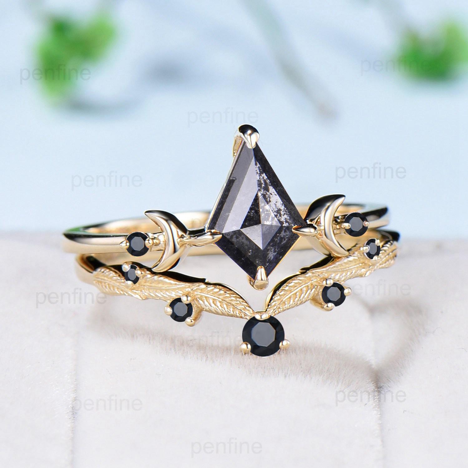 Three Stone kite Cut Salt and Pepper Diamond Engagement Ring Set Yellow Gold Black Spinel Moon Promise ring 2pcs Bridal Wedding Gift For Her - PENFINE