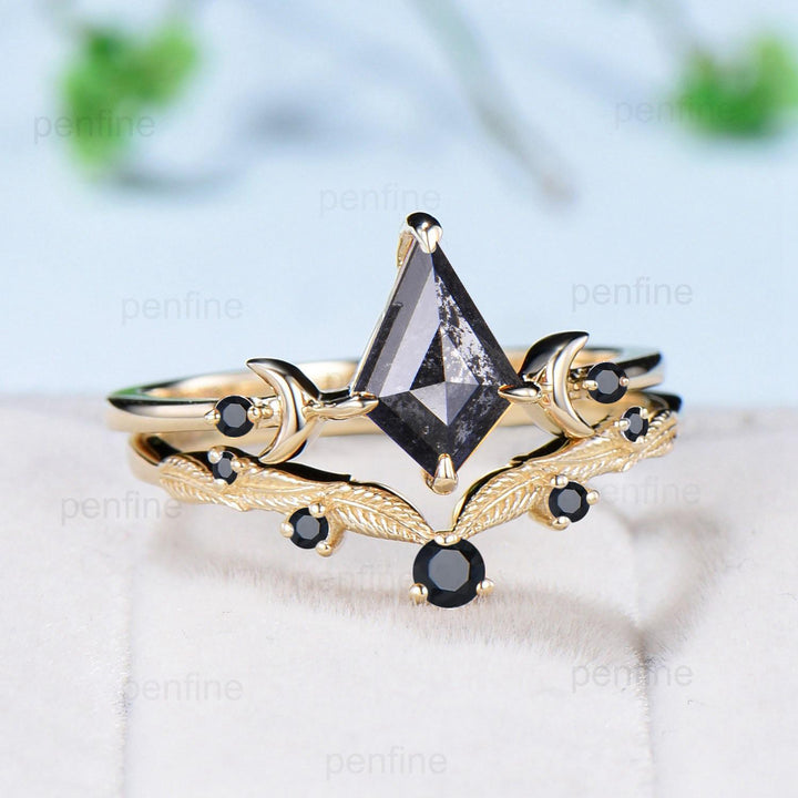 Three Stone kite Cut Salt and Pepper Diamond Engagement Ring Set Yellow Gold Black Spinel Moon Promise ring 2pcs Bridal Wedding Gift For Her - PENFINE