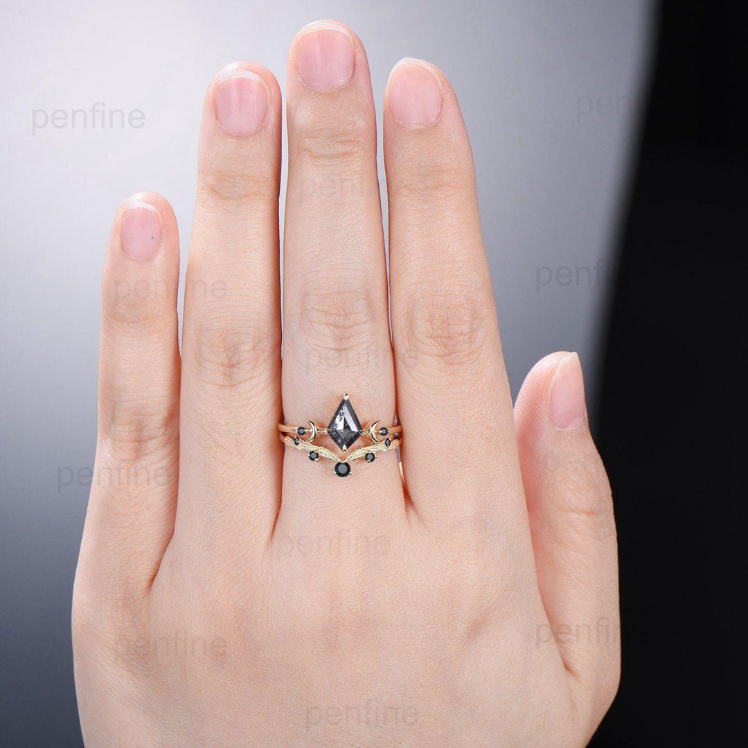 Three Stone kite Cut Salt and Pepper Diamond Engagement Ring Set Yellow Gold Black Spinel Moon Promise ring 2pcs Bridal Wedding Gift For Her - PENFINE