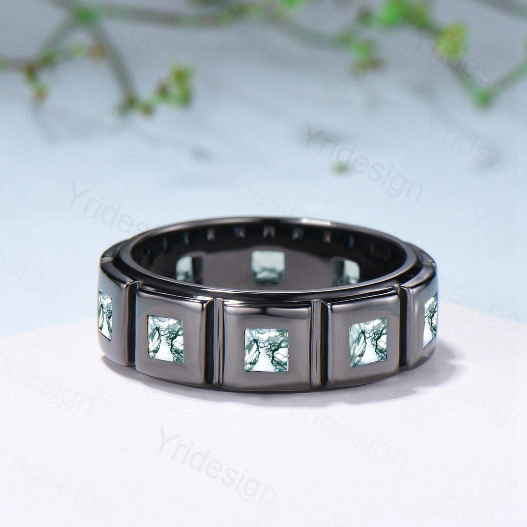 Black Gold Moss Agate Mens Wedding Band  Princess Cut Green Agate Men's Wedding Ring Anniversary Promise Stacking Matching Band Gift - PENFINE