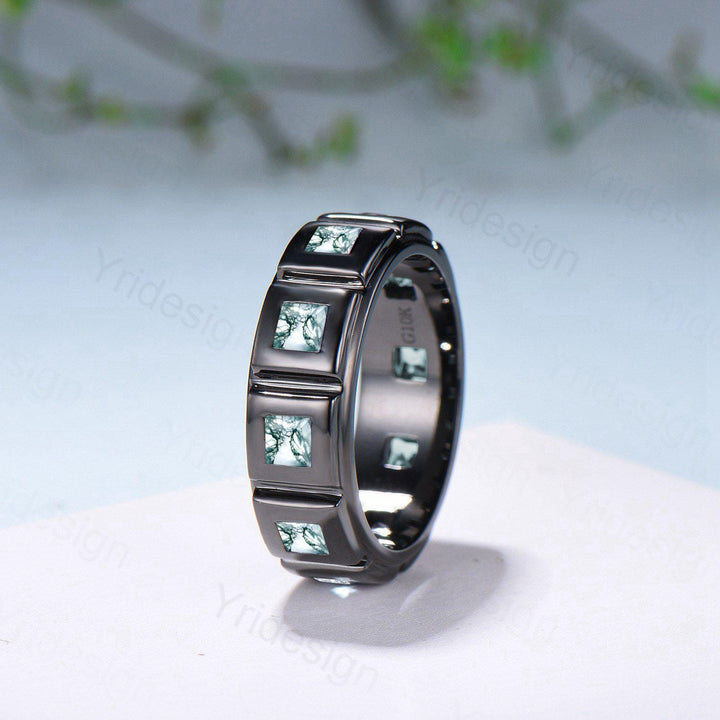 Black Gold Moss Agate Mens Wedding Band  Princess Cut Green Agate Men's Wedding Ring Anniversary Promise Stacking Matching Band Gift - PENFINE