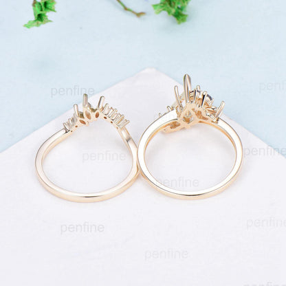Vintage kite cut alexandrite ring cluster moonstone wedding ring June birthstone engagement ring Unique bridal wedding set anniversary gifts - PENFINE