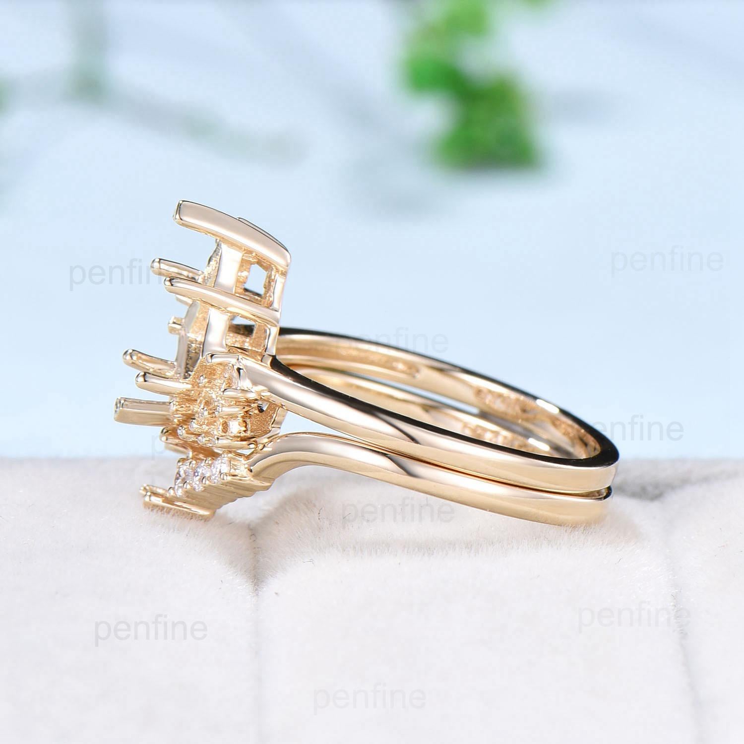 Vintage Kite cut morganite ring set rose gold morganite ring cluster alexandrite moonstone bridal wedding ring set anniversary promise gifts - PENFINE