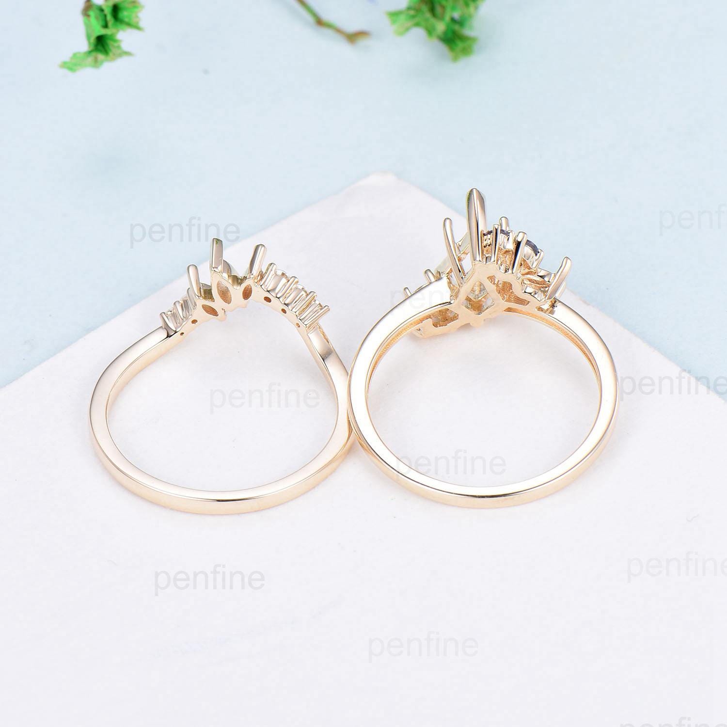 Vintage Kite cut morganite ring set rose gold morganite ring cluster alexandrite moonstone bridal wedding ring set anniversary promise gifts - PENFINE