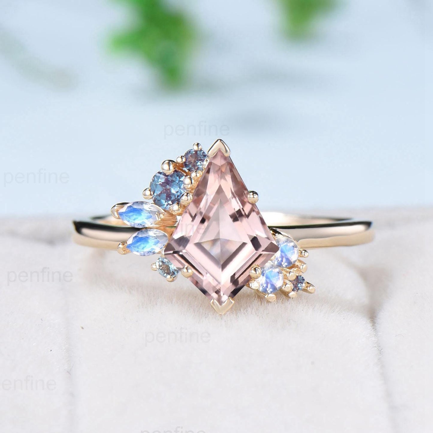 Vintage Kite cut morganite ring set rose gold morganite ring cluster alexandrite moonstone bridal wedding ring set anniversary promise gifts - PENFINE