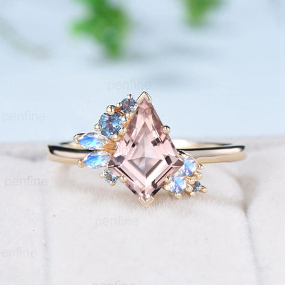 Vintage Kite cut morganite ring set rose gold morganite ring cluster alexandrite moonstone bridal wedding ring set anniversary promise gifts - PENFINE