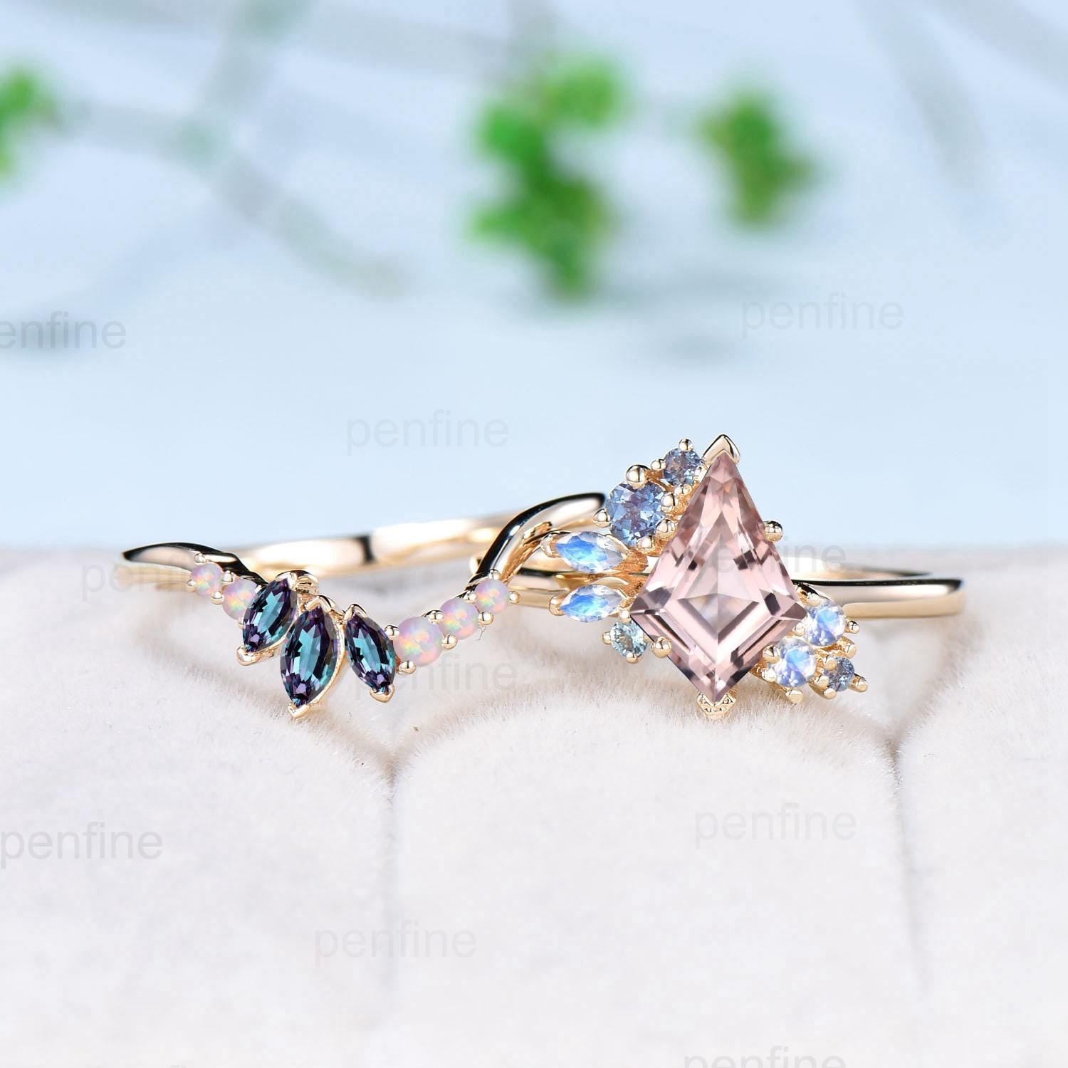 Vintage Kite cut morganite ring set rose gold morganite ring cluster alexandrite moonstone bridal wedding ring set anniversary promise gifts - PENFINE