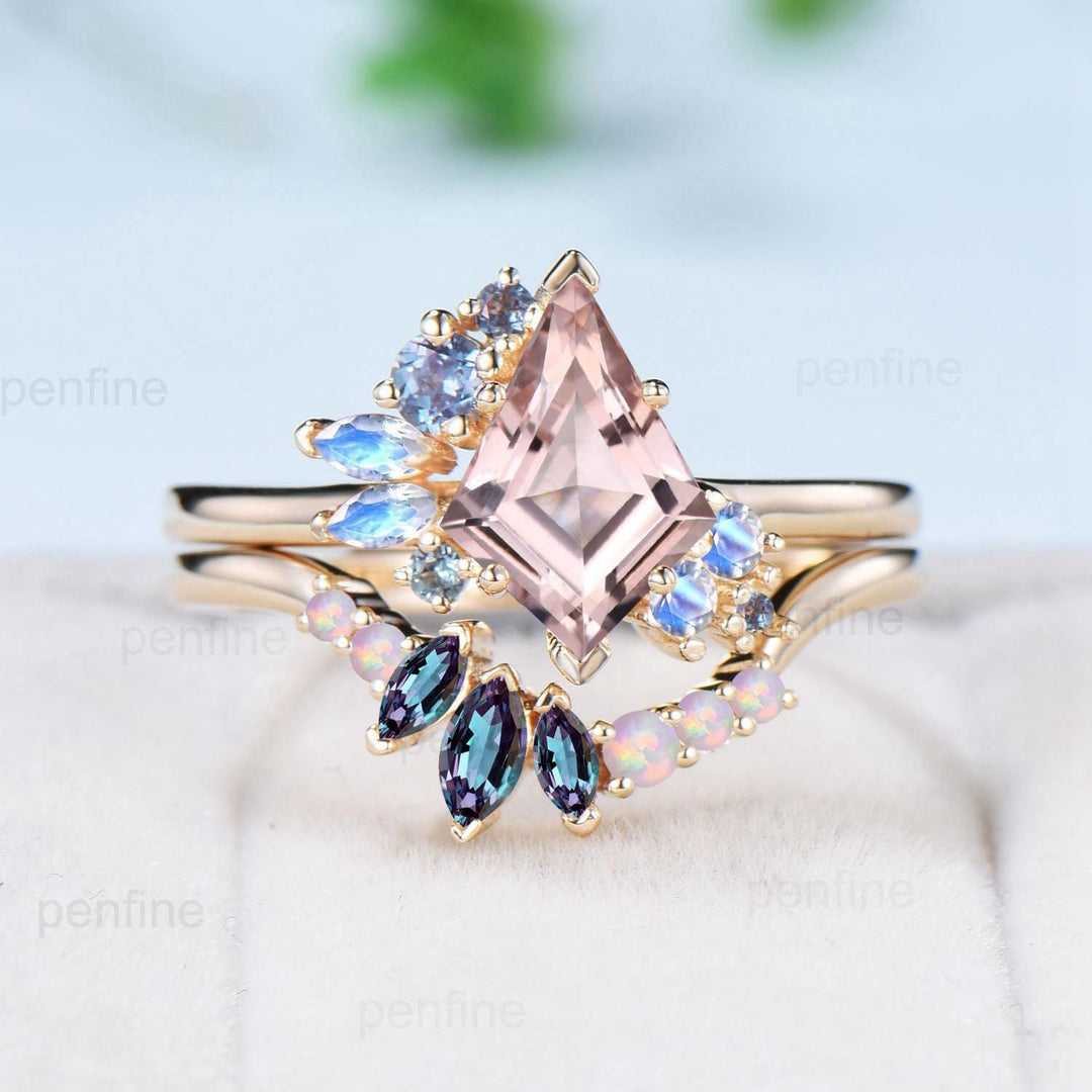 Vintage Kite cut morganite ring set rose gold morganite ring cluster alexandrite moonstone bridal wedding ring set anniversary promise gifts - PENFINE