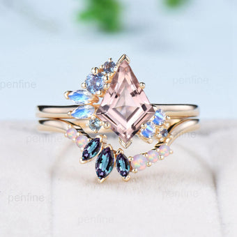 Vintage Kite cut morganite ring set rose gold morganite ring cluster alexandrite moonstone bridal wedding ring set anniversary promise gifts - PENFINE