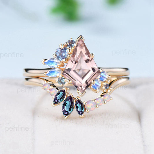 Vintage Kite cut morganite ring set rose gold morganite ring cluster alexandrite moonstone bridal wedding ring set anniversary promise gifts - PENFINE