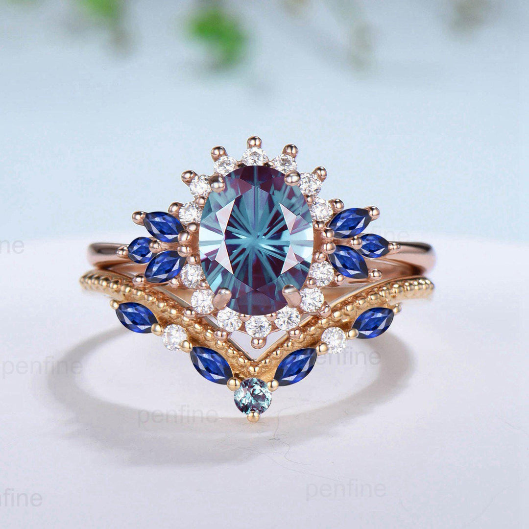 Vintage Fireworks Cut Alexandrite Engagement Ring Set Unique Oval Color Change Stone Promise Ring Cluster Blue Sapphire Wedding Bridal Set - PENFINE