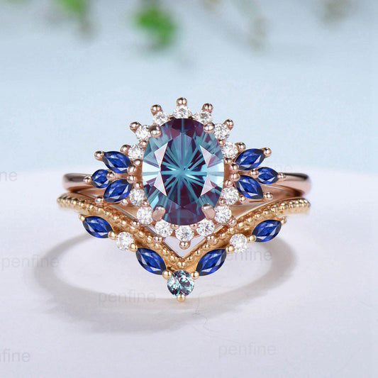 Vintage Fireworks Cut Alexandrite Engagement Ring Set Unique Oval Color Change Stone Promise Ring Cluster Blue Sapphire Wedding Bridal Set - PENFINE