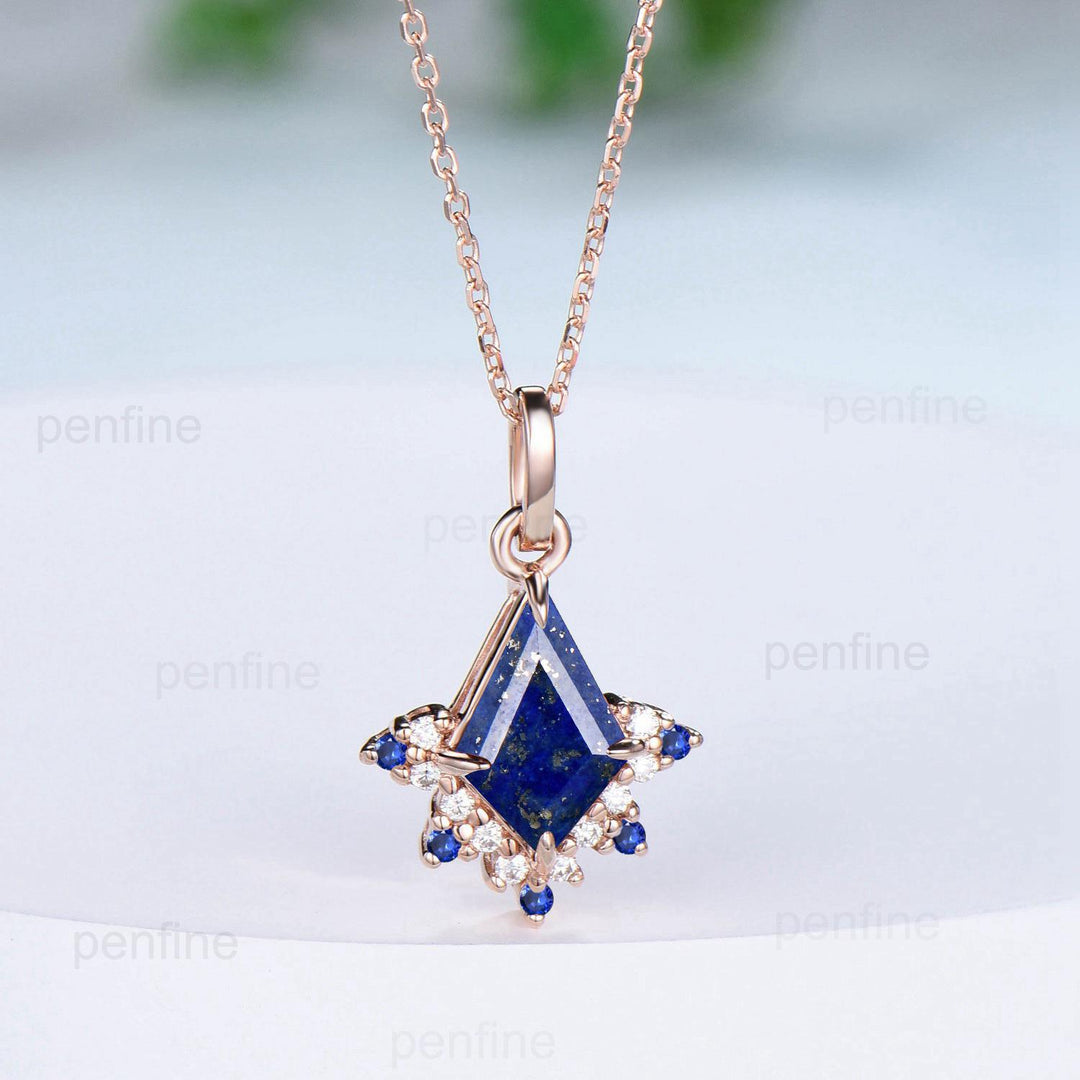 Vintage Kite Cut lapis lazuli Pendant Necklace Blue Sapphire Pendant Silver 14k/18k rose gold moissanite promise engagement gift for women - PENFINE