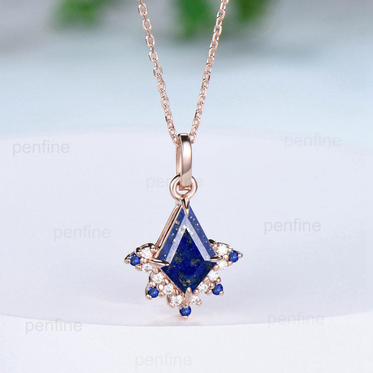 Vintage Kite Cut lapis lazuli Pendant Necklace Blue Sapphire Pendant Silver 14k/18k rose gold moissanite promise engagement gift for women - PENFINE