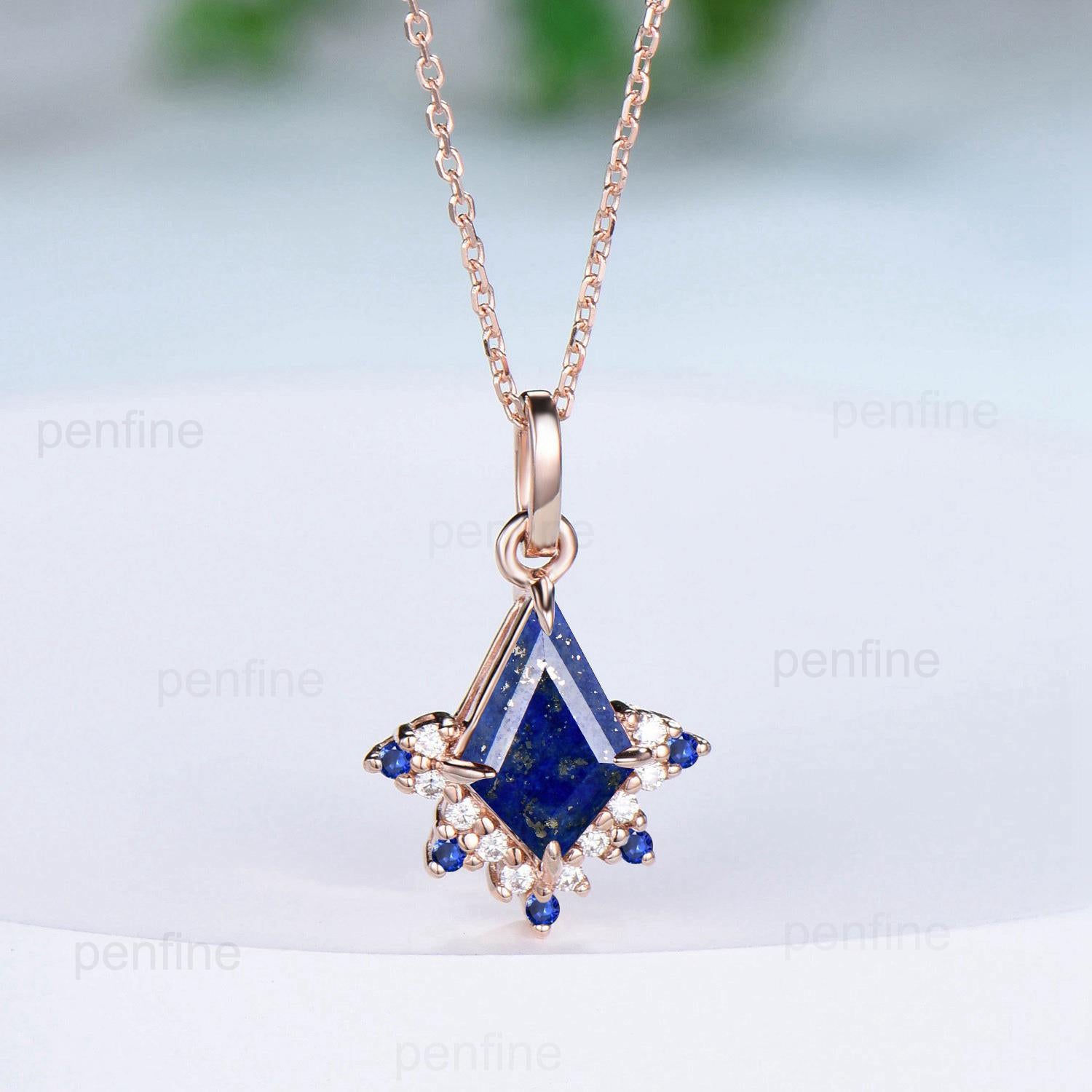 Vintage Kite Cut lapis lazuli Pendant Necklace Blue Sapphire Pendant Silver 14k/18k rose gold moissanite promise engagement gift for women - PENFINE