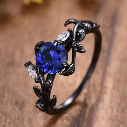Gothic Blue Sapphire Wedding Ring Set: Tungsten & Black Gold Plated