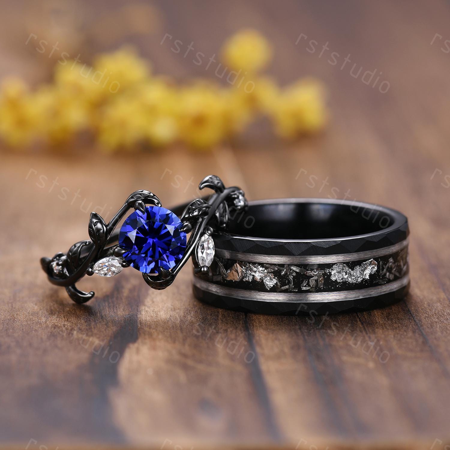 Gothic Blue Sapphire Wedding Ring Set: Tungsten & Black Gold Plated