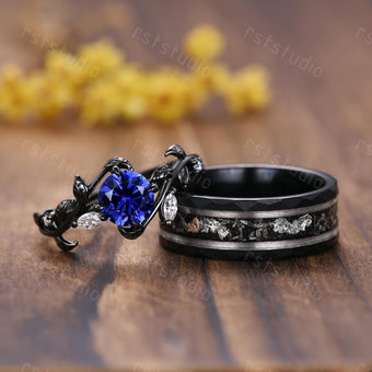 Gothic Blue Sapphire Wedding Ring Set: Tungsten & Black Gold Plated