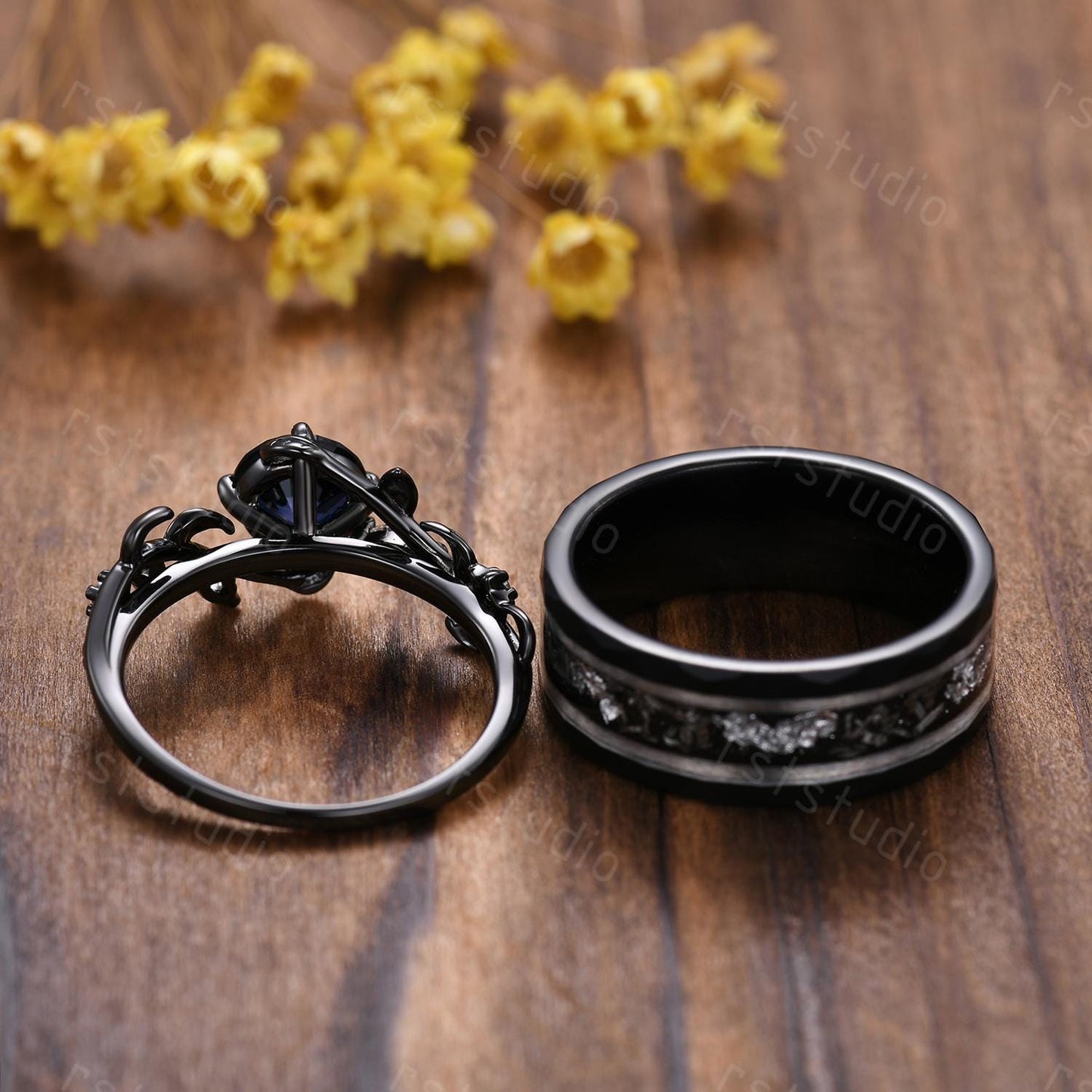 Gothic Blue Sapphire Wedding Ring Set: Tungsten & Black Gold Plated