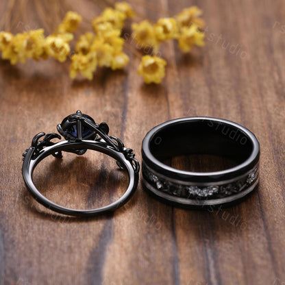 Gothic Blue Sapphire Wedding Ring Set: Tungsten & Black Gold Plated