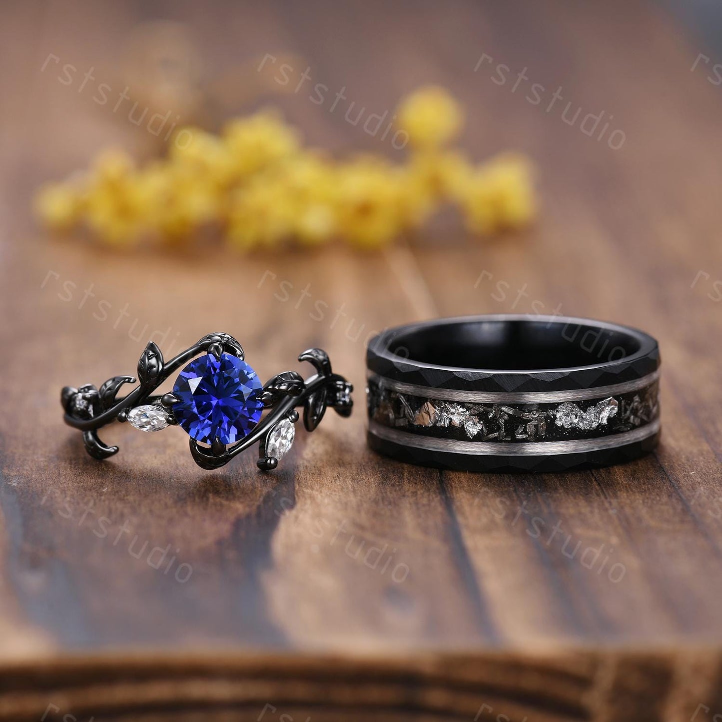 Gothic Blue Sapphire Wedding Ring Set: Tungsten & Black Gold Plated