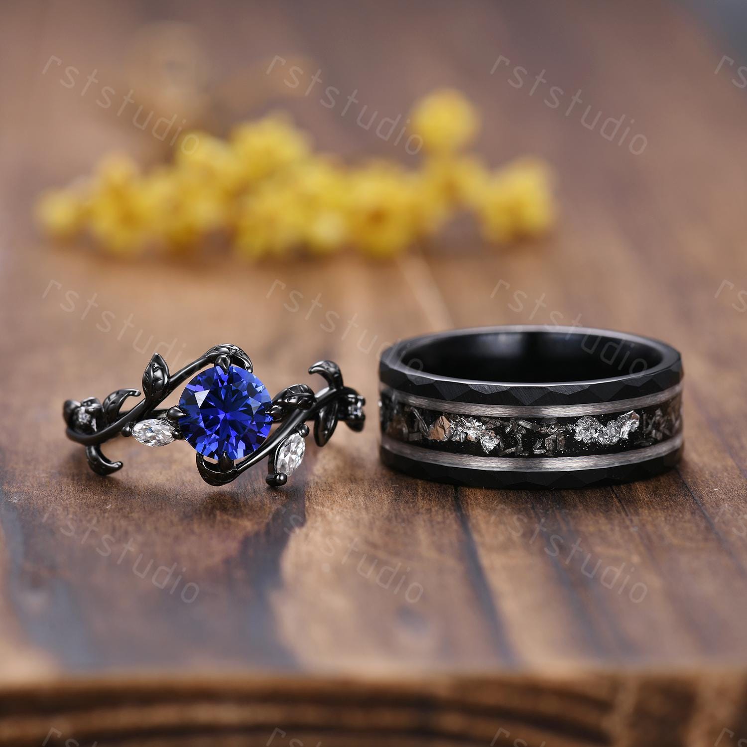 Gothic Blue Sapphire Wedding Ring Set: Tungsten & Black Gold Plated