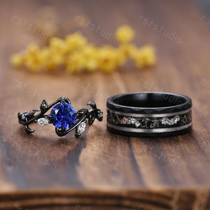 Gothic Blue Sapphire Wedding Ring Set: Tungsten & Black Gold Plated