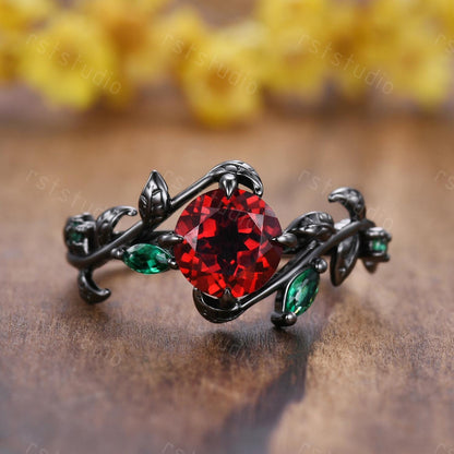 Gothic Black Gold Garnet Couple Ring Set: Tungsten Wedding Band
