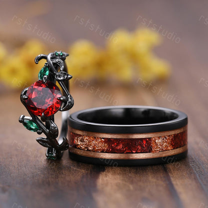 Gothic Black Gold Garnet Couple Ring Set: Tungsten Wedding Band