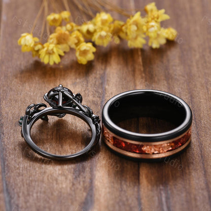 Gothic Black Gold Garnet Couple Ring Set: Tungsten Wedding Band