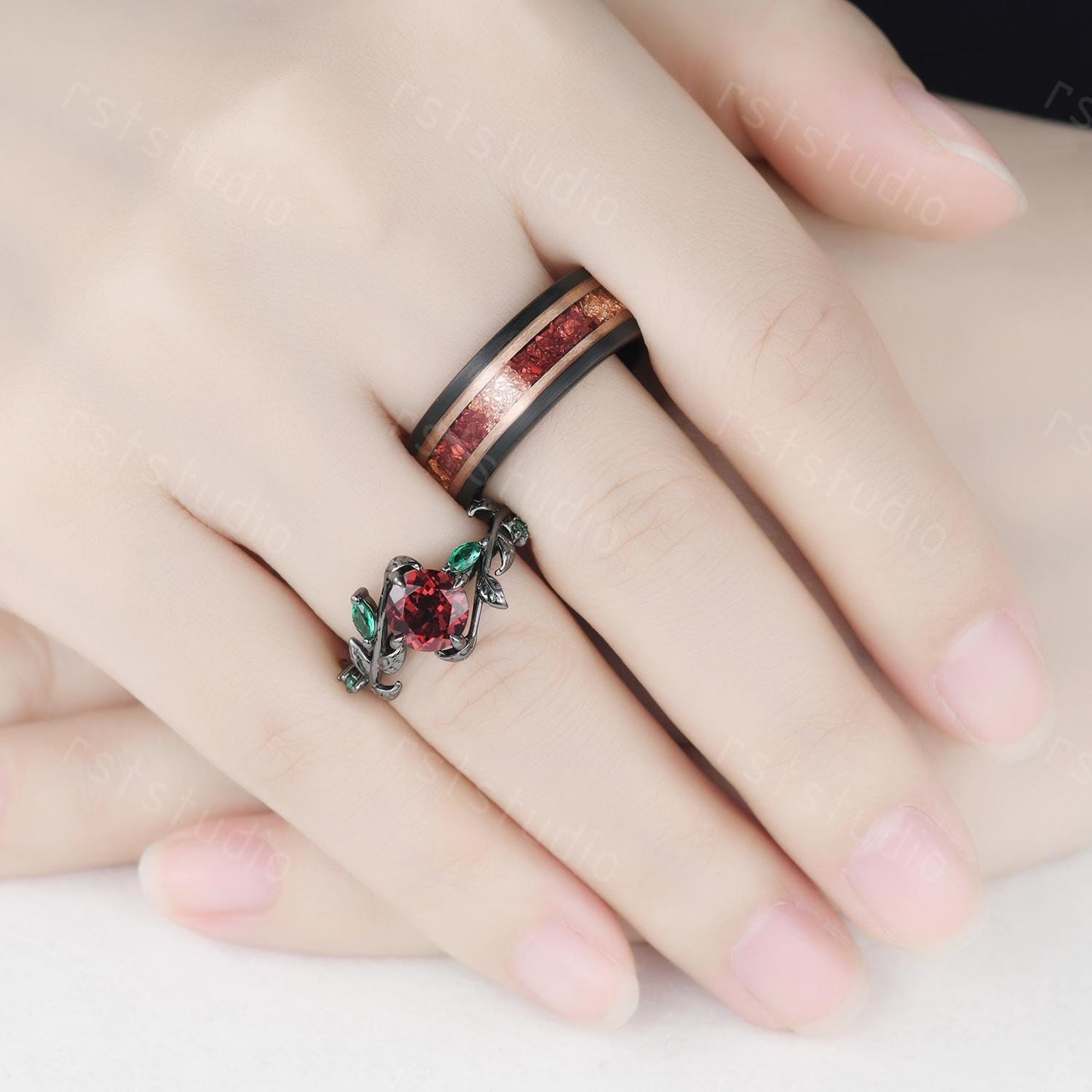 Gothic Black Gold Garnet Couple Ring Set: Tungsten Wedding Band