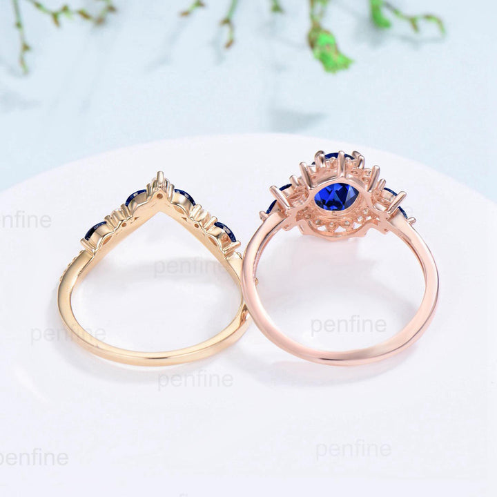 Vintage Oval Cut Blue Sapphire Engagement Ring Set Unique June Birthstone Promise Ring Cluster Moissanite Ring Handmade Wedding Bridal Sets - PENFINE