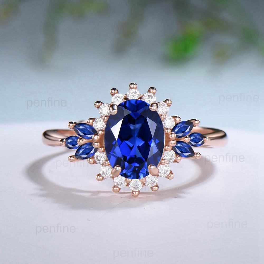Vintage Oval Cut Blue Sapphire Engagement Ring Set Unique June Birthstone Promise Ring Cluster Moissanite Ring Handmade Wedding Bridal Sets - PENFINE