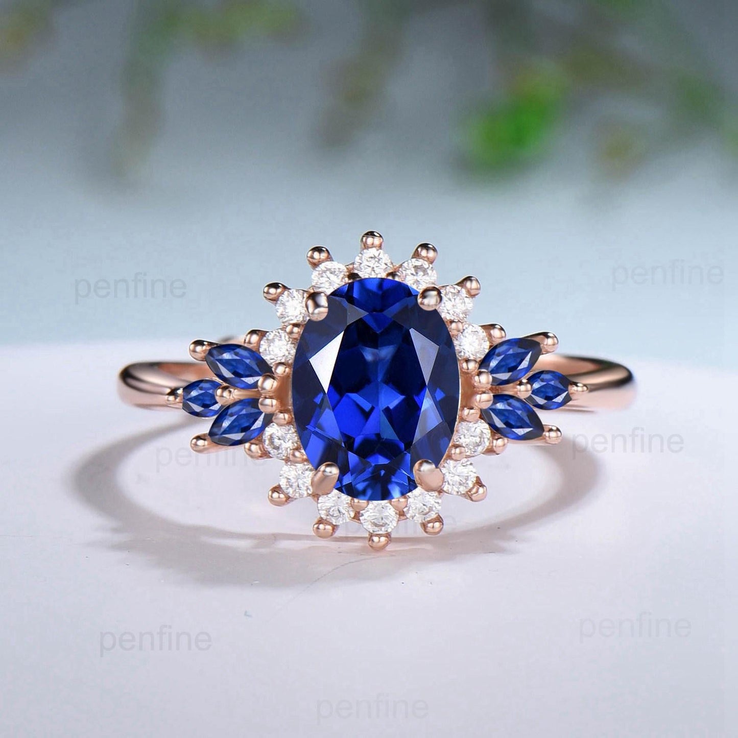 Vintage Oval Cut Blue Sapphire Engagement Ring Set Unique June Birthstone Promise Ring Cluster Moissanite Ring Handmade Wedding Bridal Sets - PENFINE